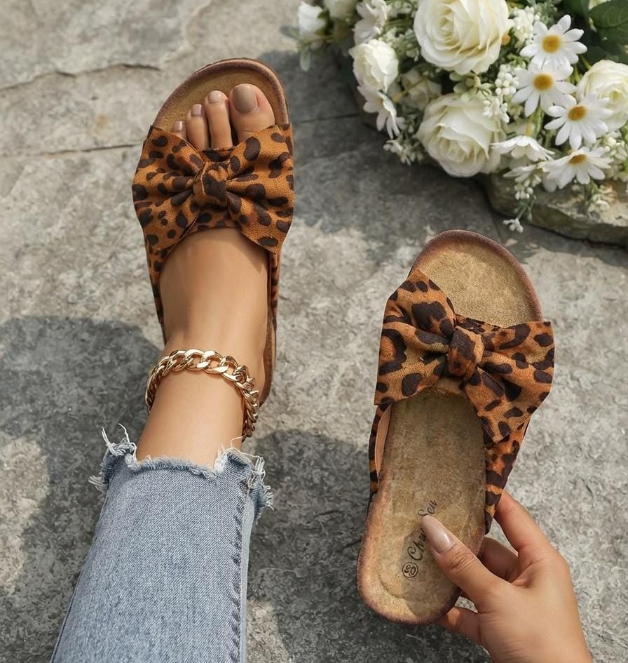 Leopard Bow Slide Sandals for Women – Flat Summer Sandals