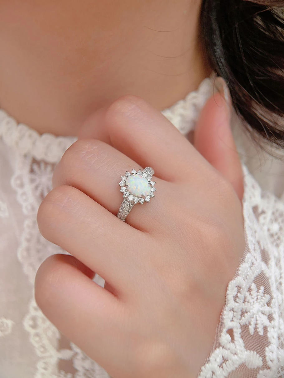 925 Sterling Silver Australian Opal Sunflower Ring with CZ Stones