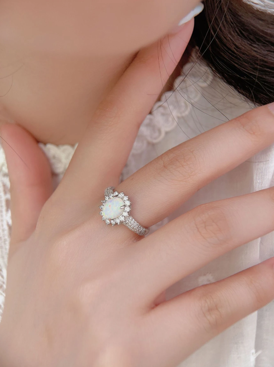 925 Sterling Silver Australian Opal Sunflower Ring with CZ Stones