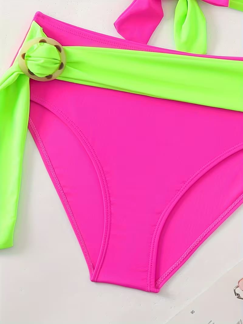 Colour Block Wrap Waist Bikini Set