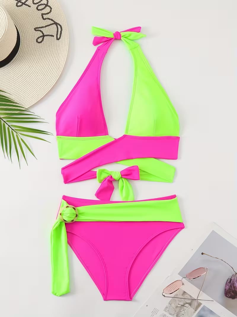 Colour Block Wrap Waist Bikini Set