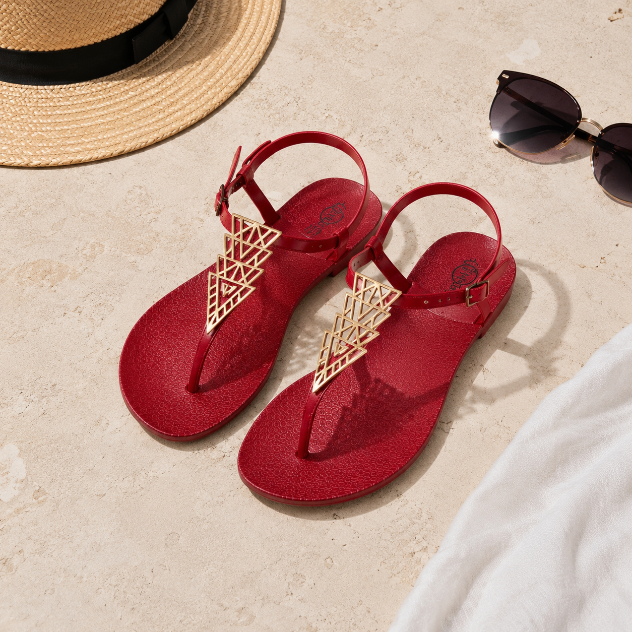 Geometric Gold Accent Jelly Sandals