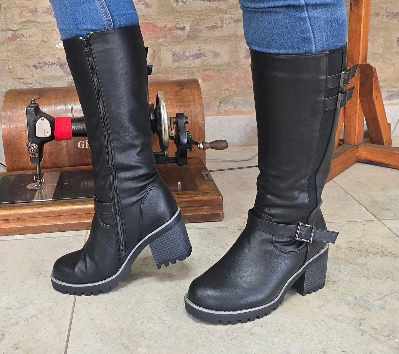 Women Knee-High Block Heel Boots with Buckle