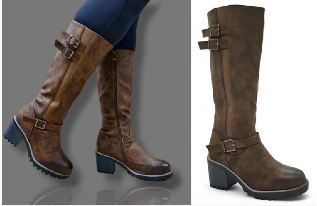 Women Knee-High Block Heel Boots with Buckle
