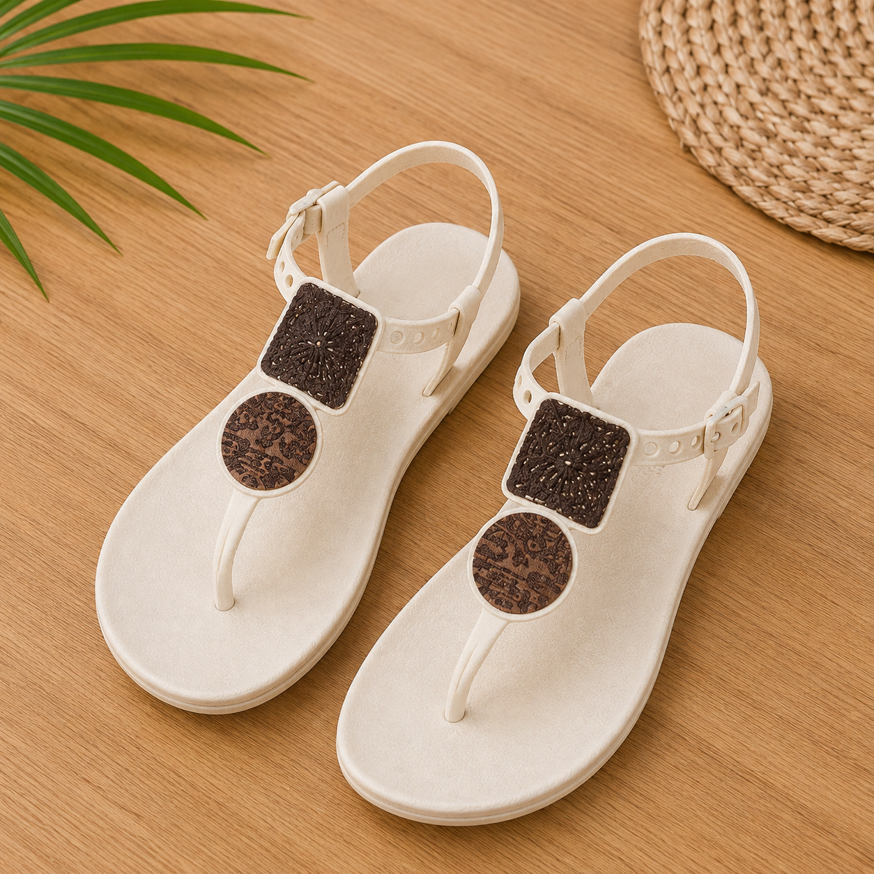 Textured Detail Flat Ankle Strap Sandals | PLEASE SIZE UP 1 SIZE