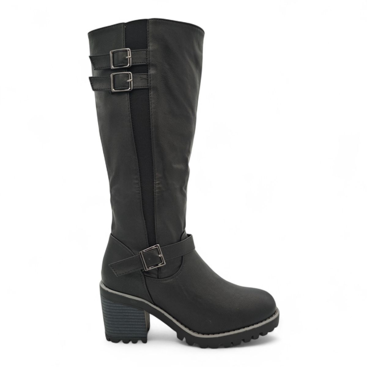 Women Knee-High Block Heel Boots with Buckle