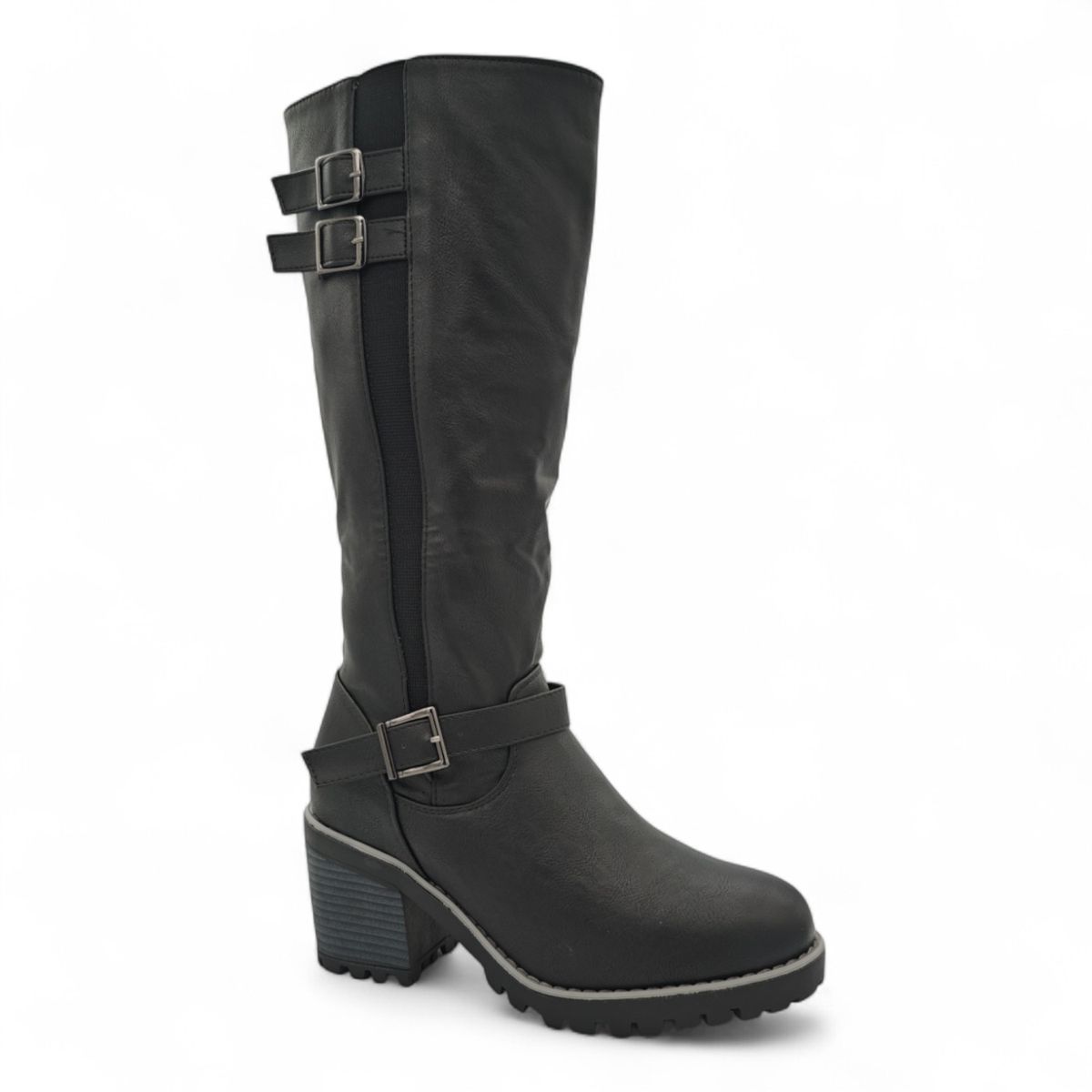Women Knee-High Block Heel Boots with Buckle
