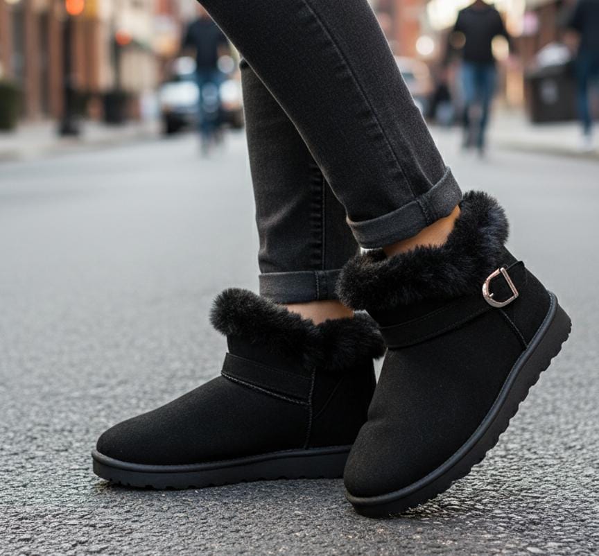 Women’s Faux Fur Winter Ankle Boots – Cozy Buckle Snow Boots
