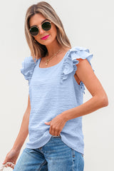 Beau Blue Textured Bow Knot Frilled Butterfly Sleeve Blouse