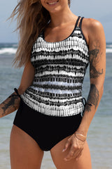 Black Printed Double Straps Printed Tankini Top with Shorts 2pcs Swimsuit