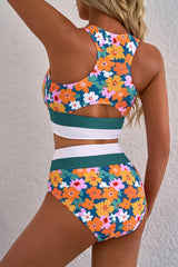 Dear Lover Green Floral Print Racerback Cutout High Waist 2pcs Bikini