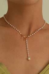 Gold Plated Bow Decor Pearl Chaining Necklace