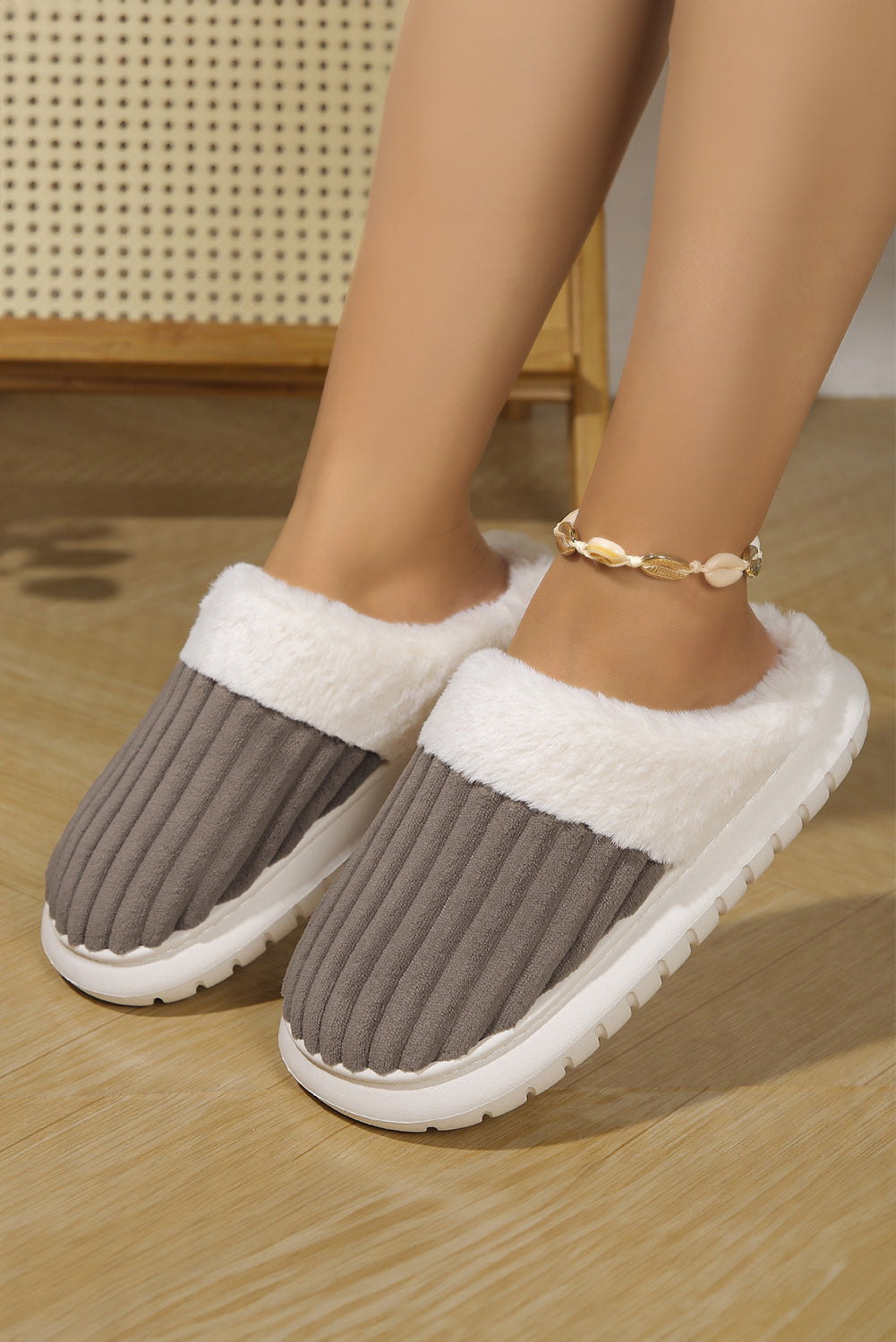 Dark Grey Ribbed Plush Color Block Winter Slippers