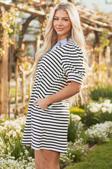 Black Stripe Contrast V Neck Collared Puff Sleeve T Shirt Mini Dress with Pockets