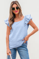 Beau Blue Textured Bow Knot Frilled Butterfly Sleeve Blouse
