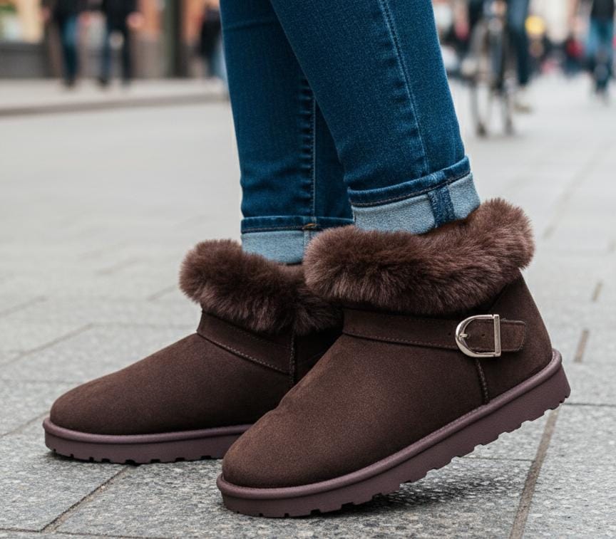 Women’s Faux Fur Winter Ankle Boots – Cozy Buckle Snow Boots