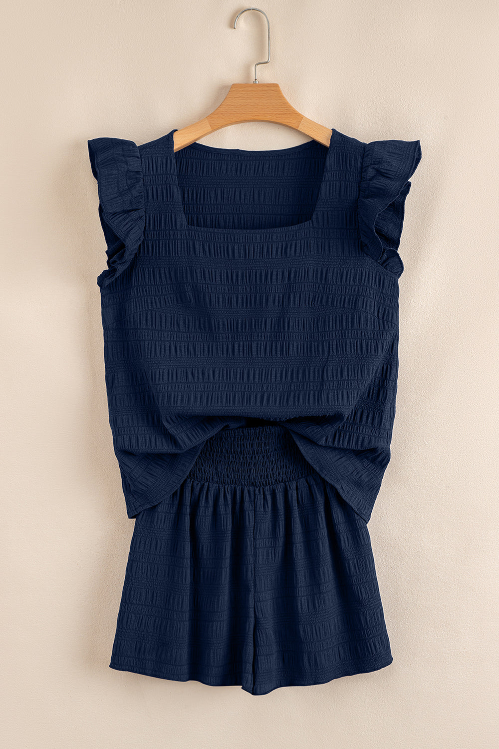 Dirty blue Textured Square Neck Top and Shirred High Waist Shorts Set