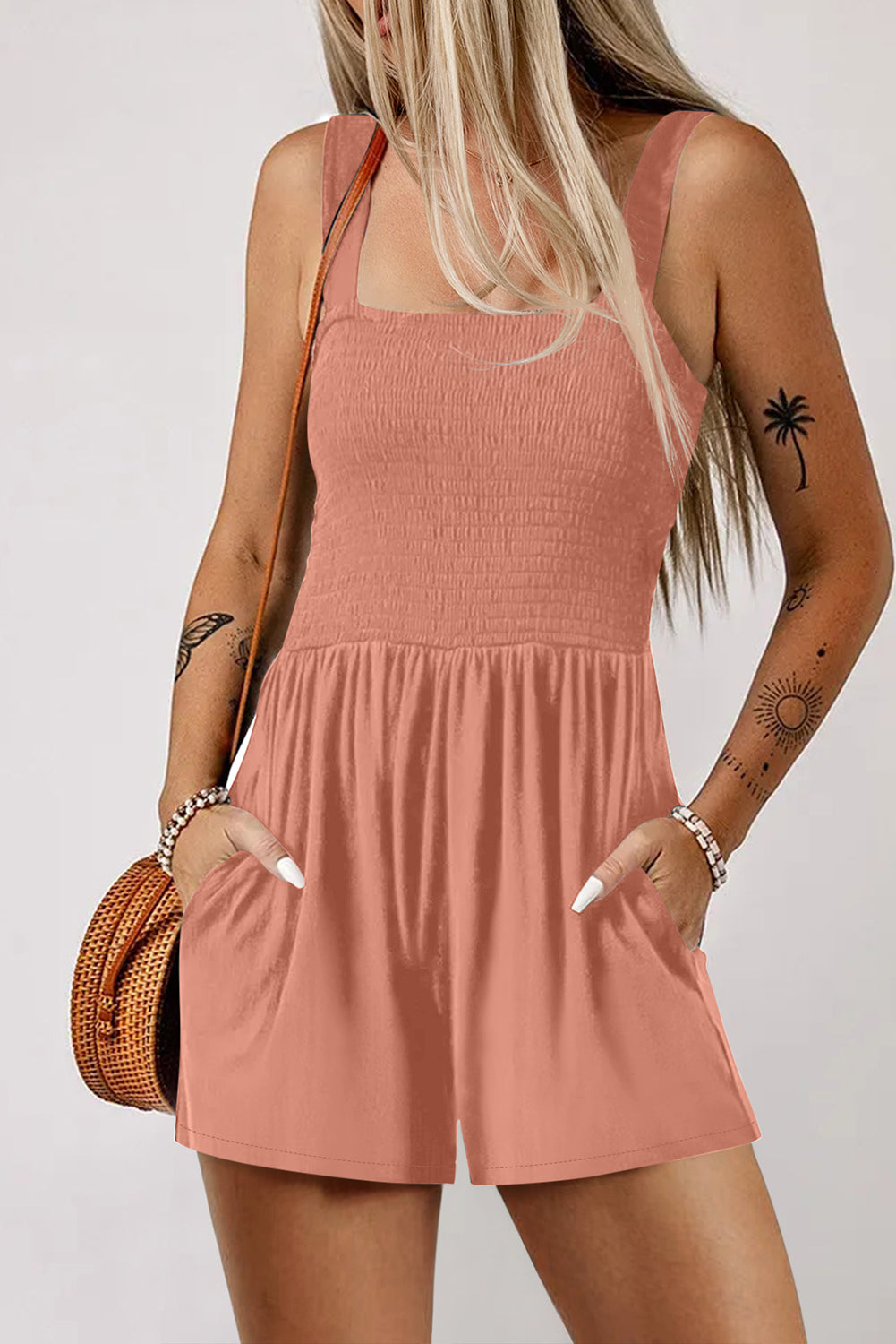 Apricot Pink Casual Pocketed Smocked Sleeveless Romper