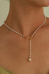 Gold Plated Bow Decor Pearl Chaining Necklace