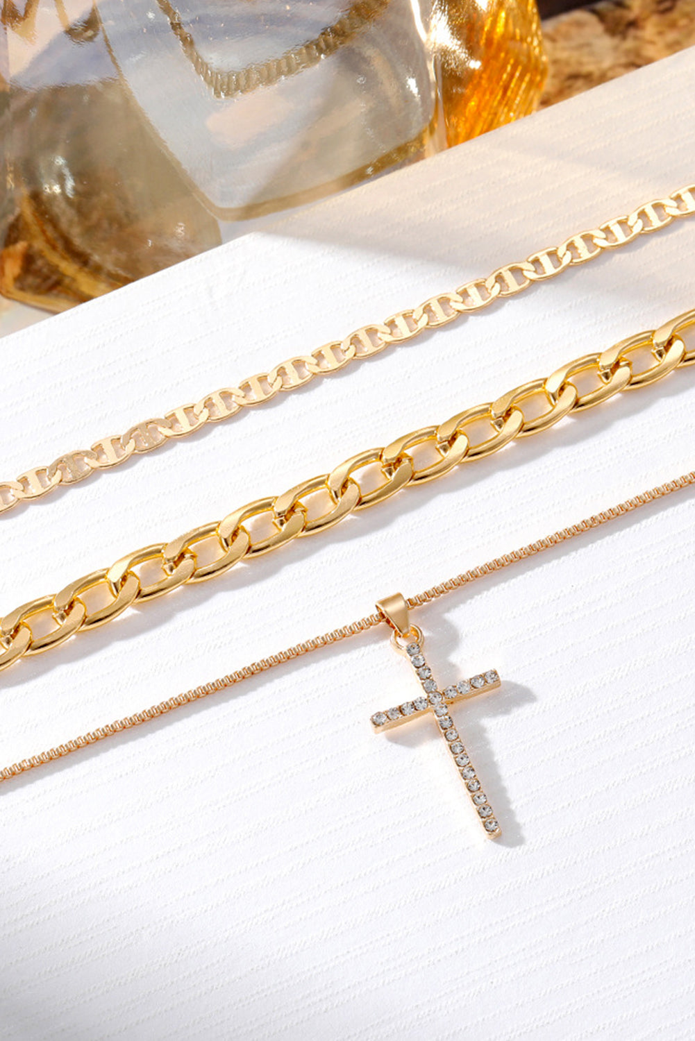 Gold Plated Cross Pendant Multi Layer Stacked Chains Necklace