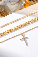 Gold Plated Cross Pendant Multi Layer Stacked Chains Necklace