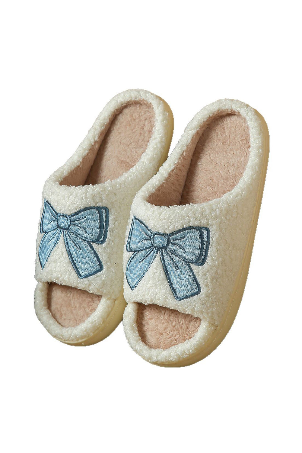Light Blue Bow Embroidered Open Toe Plush Slippers
