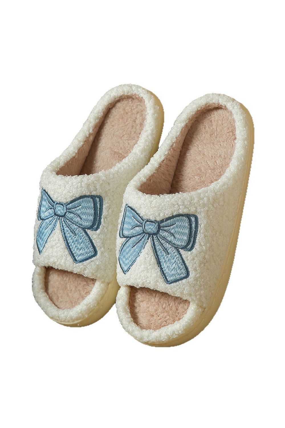 Light Blue Bow Embroidered Open Toe Plush Slippers