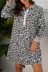 Multicolour Button Striped Collar Leopard Print Long Sleeve Flared Dress