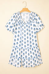 Sky Blue Floral Puff Sleeve Tied Neck Pocketed Mini Dress