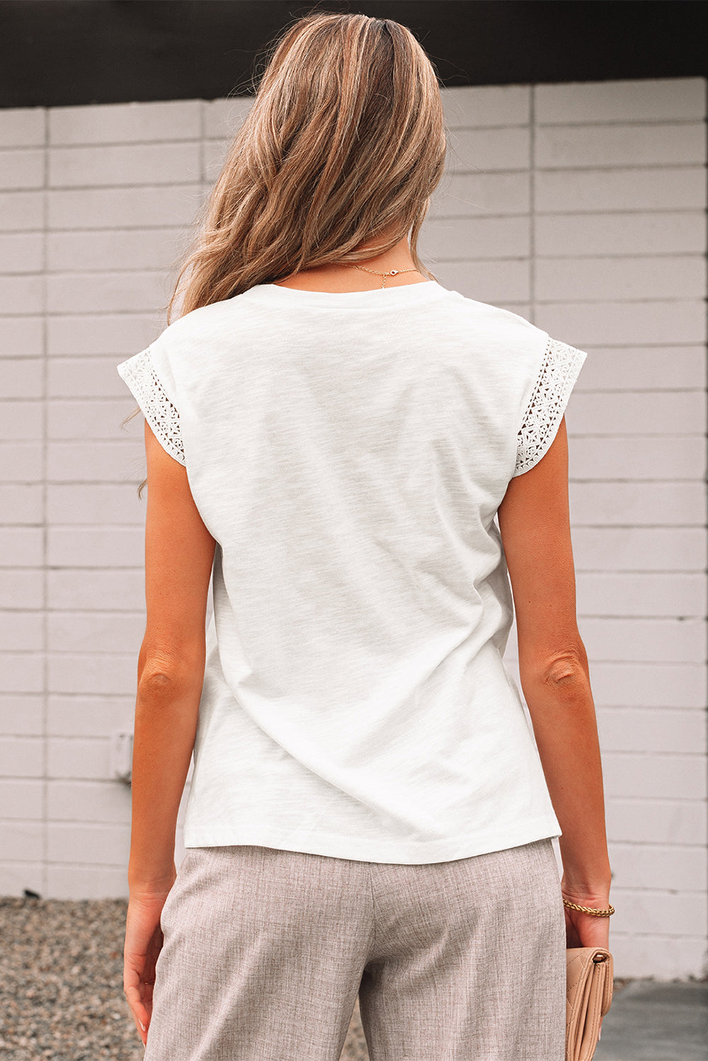 White Lace Patchwork Cap Sleeve Round Neck T Shirt