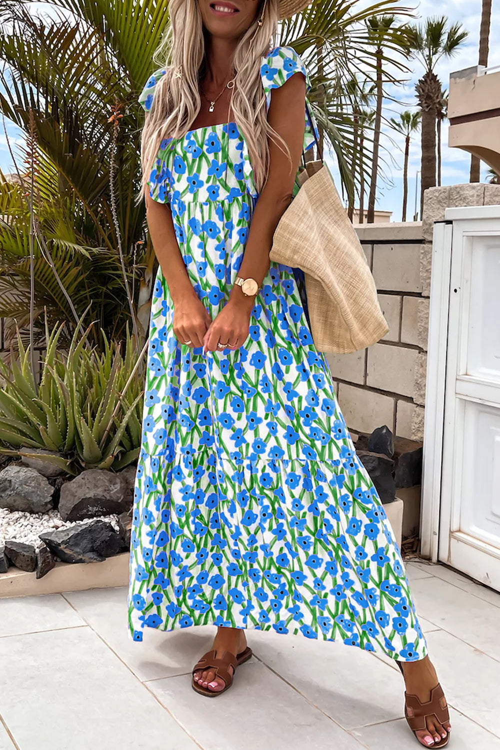Blue Floral Print Square Neck Ruffled Strap Maxi Dress