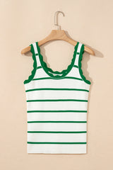 Bright Green Striped Scalloped Edge U Neck Sleeveless Sweater Vest