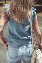 Beau Blue Frilly Ruffle Trim V Neck Chambray Tank Top