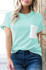 Light Blue Corded Knit Color Block Pocketed Crew Neck T Shirt