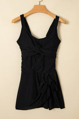 Black Adjustable Straps Cutout Ruched Knot Slit One Piece Swim Dress