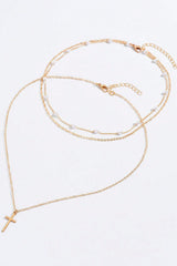 Gold Plated Cross Pendant Pearl Decor Triple Layer Chain Necklace