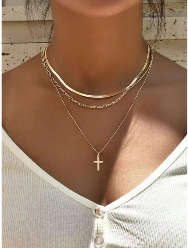 Gold Layered Cross Necklace Set