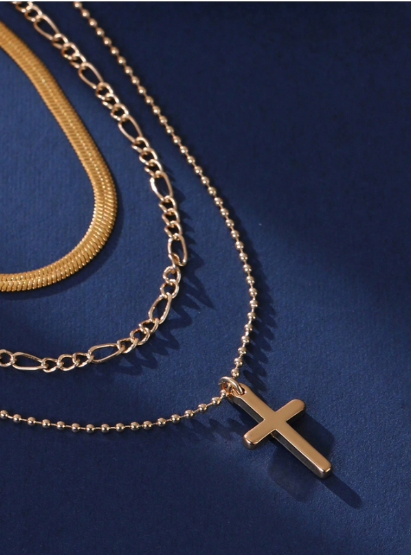 Gold Layered Cross Necklace Set