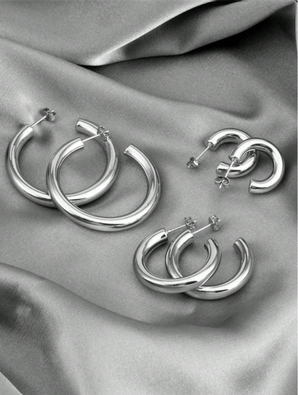 Minimalist Silver Hoop Earrings Set (3-Piece)