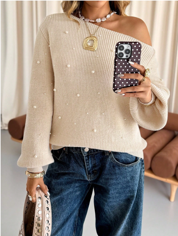 Pearl Detail Asymmetric Off-Shoulder Knit Sweater for Women