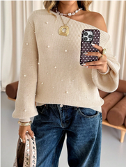 Pearl Detail Asymmetric Off-Shoulder Knit Sweater for Women