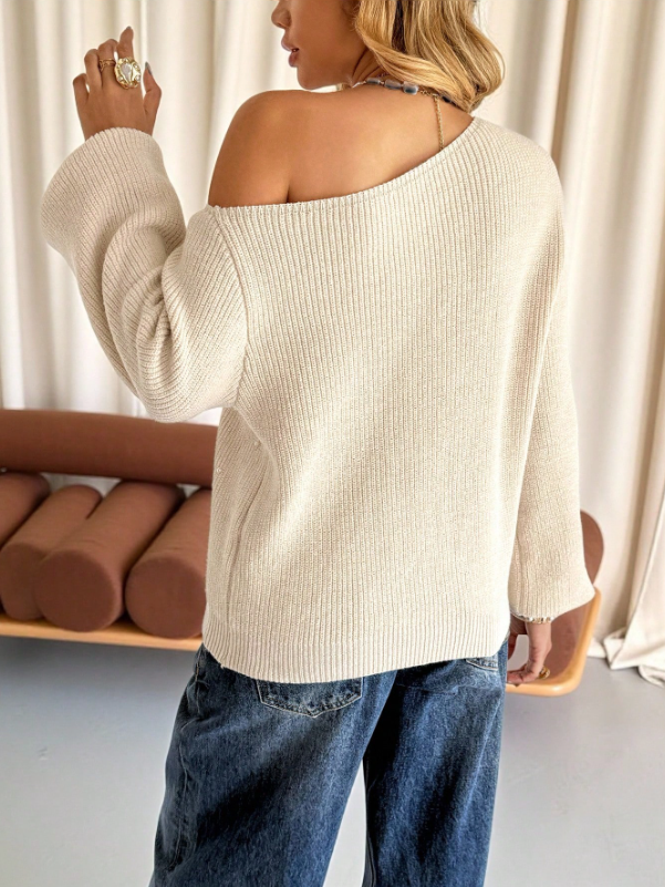 Pearl Detail Asymmetric Off-Shoulder Knit Sweater for Women