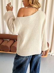 Pearl Detail Asymmetric Off-Shoulder Knit Sweater for Women