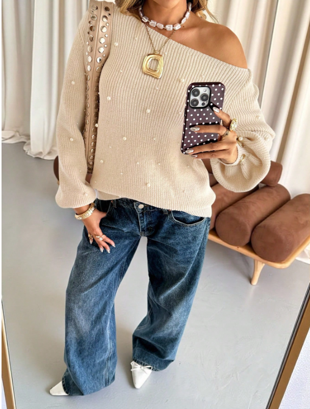 Pearl Detail Asymmetric Off-Shoulder Knit Sweater for Women