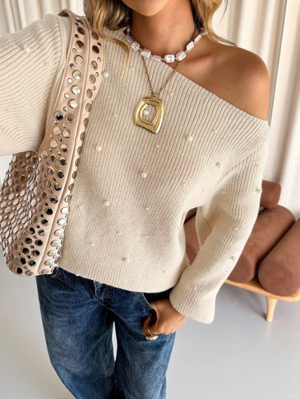 Pearl Detail Asymmetric Off-Shoulder Knit Sweater for Women