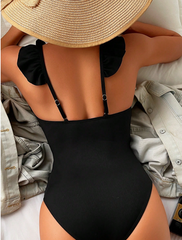 Black Ruffle V-Neck One Piece Swimsuit
