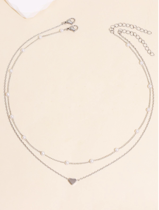 Heart and Pearl Detail 2pcs Layered Necklace