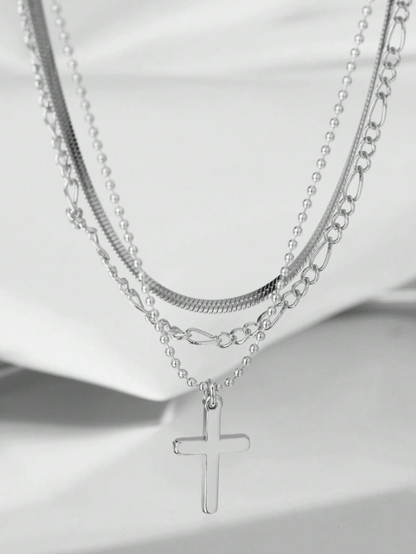 Silver Layered Cross Necklace Set