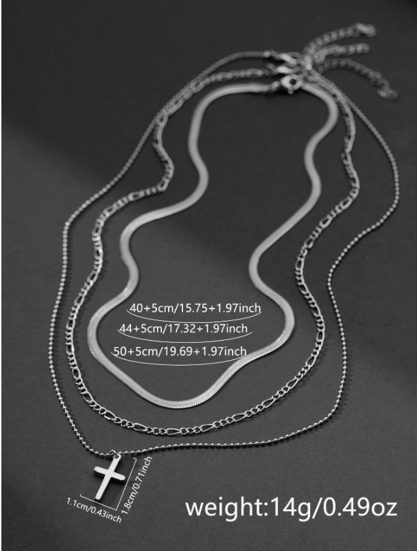 Silver Layered Cross Necklace Set