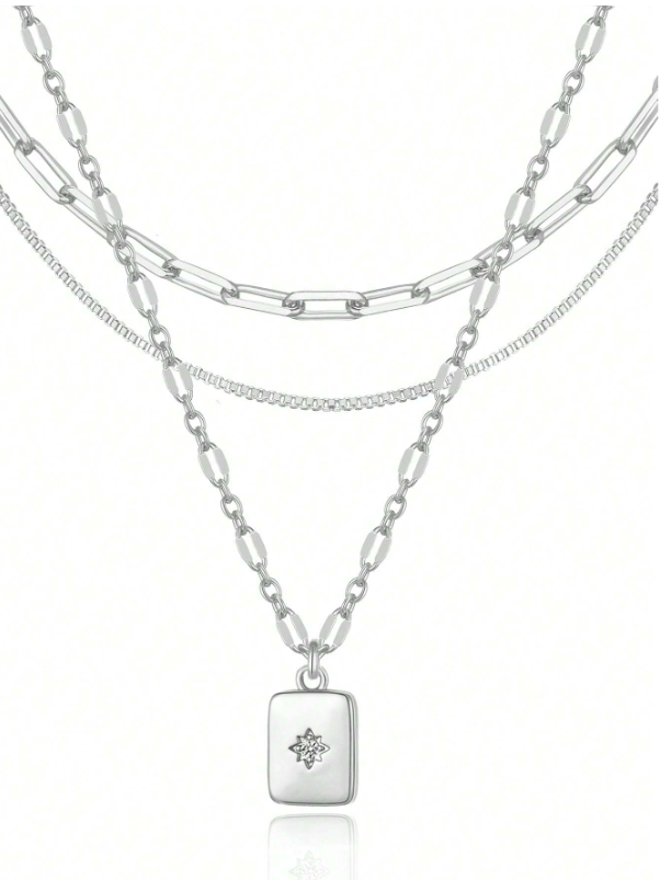 Silver Multi-Layer Pendant Necklace Set